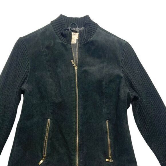 AMI Leather Moto Jacket Women Size Medium Black Suede Full Zip Up Pockets Bomber - Picture 2 of 13